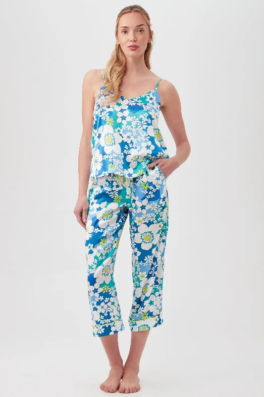 BALI BLUE FLORAL WOMEN'S CAMI TANK CROPPED PANT SILK PJ SET Cozy winter pajama sets