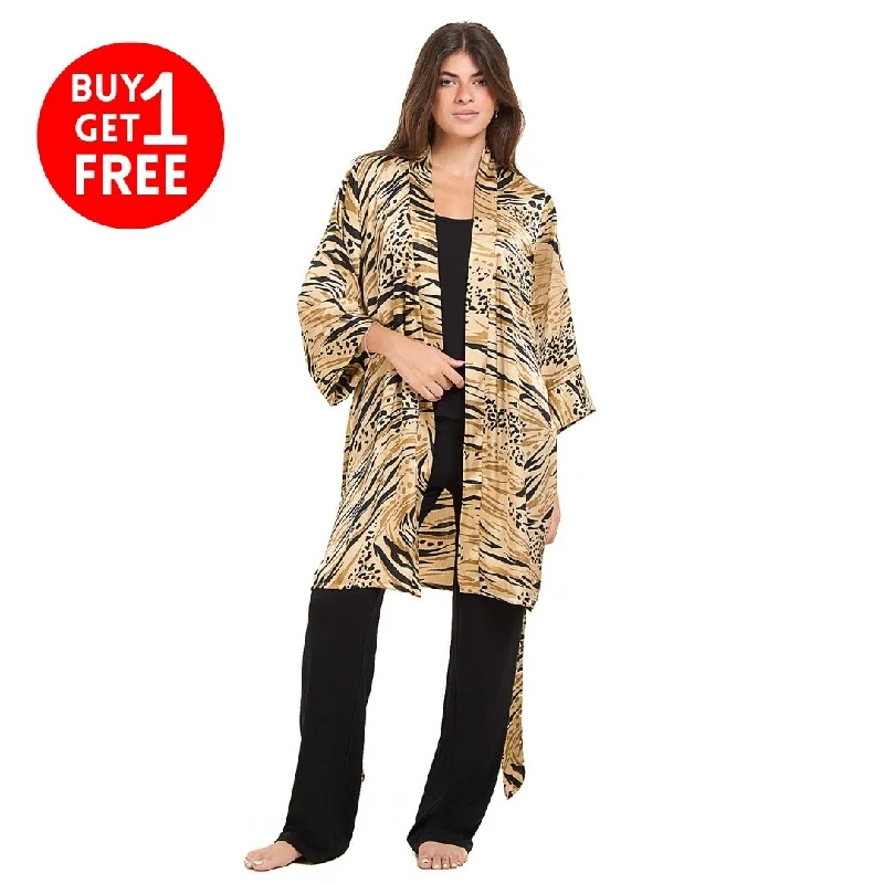 Women summer 3 piece pajama set Beige Cheetah pattern kimono + Black top & Pants Satin pajama sets