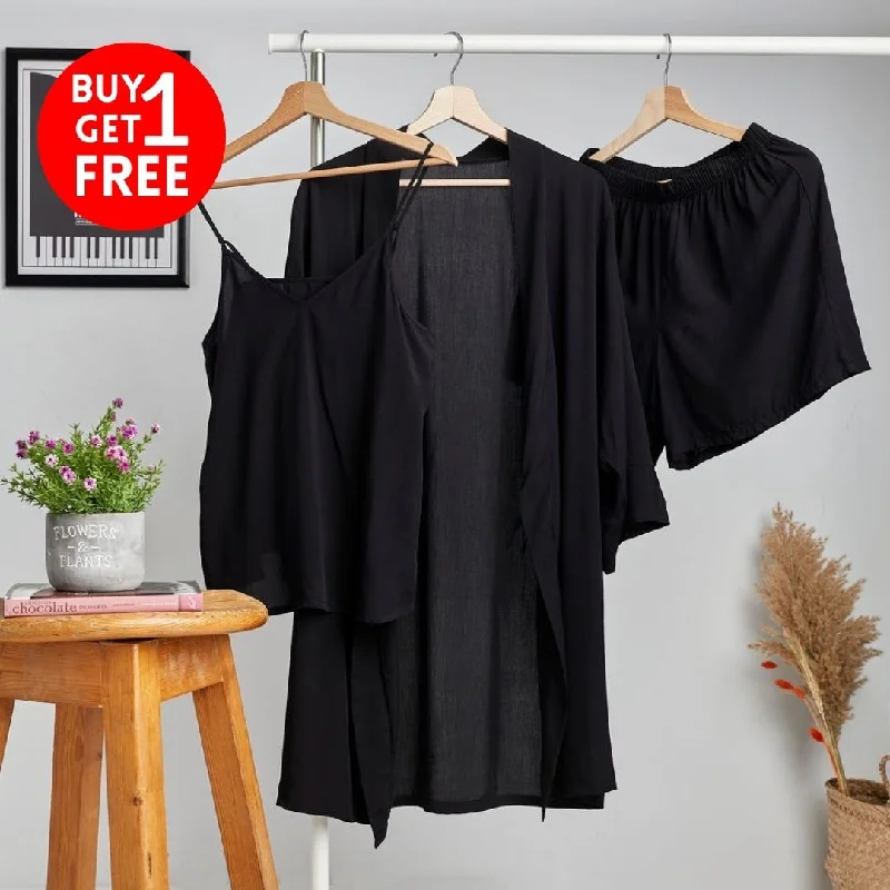 Women summer 3 piece pajama set  Black Top +kimono & short Spring pajama sets