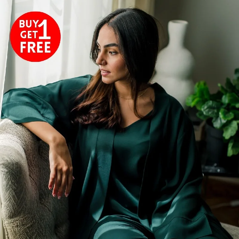 Women summer 3 piece pajama set  Dark Green Top + Dark Green kimono & Pants Elegant pajama sets