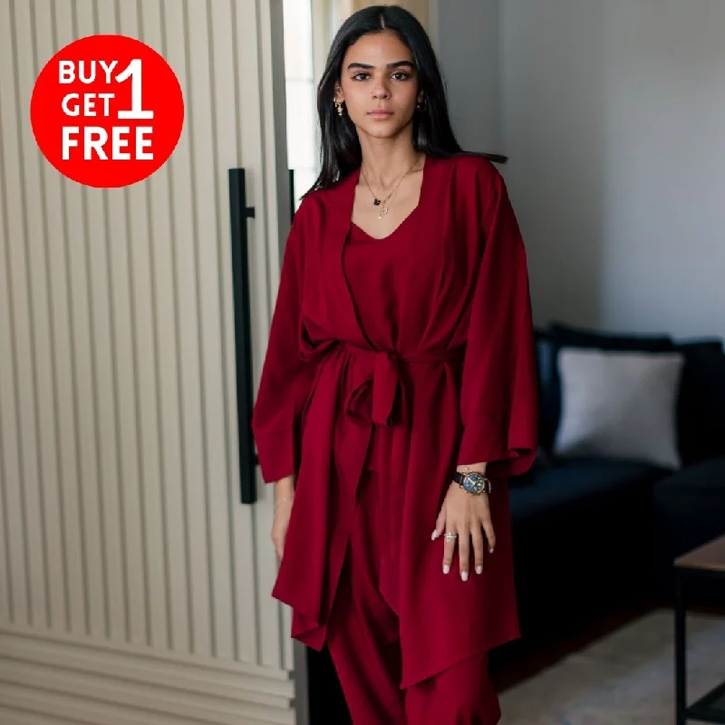 Women summer 3 piece pajama set  Dark Red Top + Dark Red kimono & Pants Minimalist pajama sets