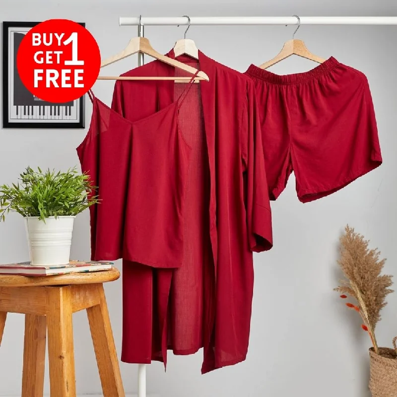 Women summer 3 piece pajama set  Dark red Top +kimono & short Lightweight pajama sets