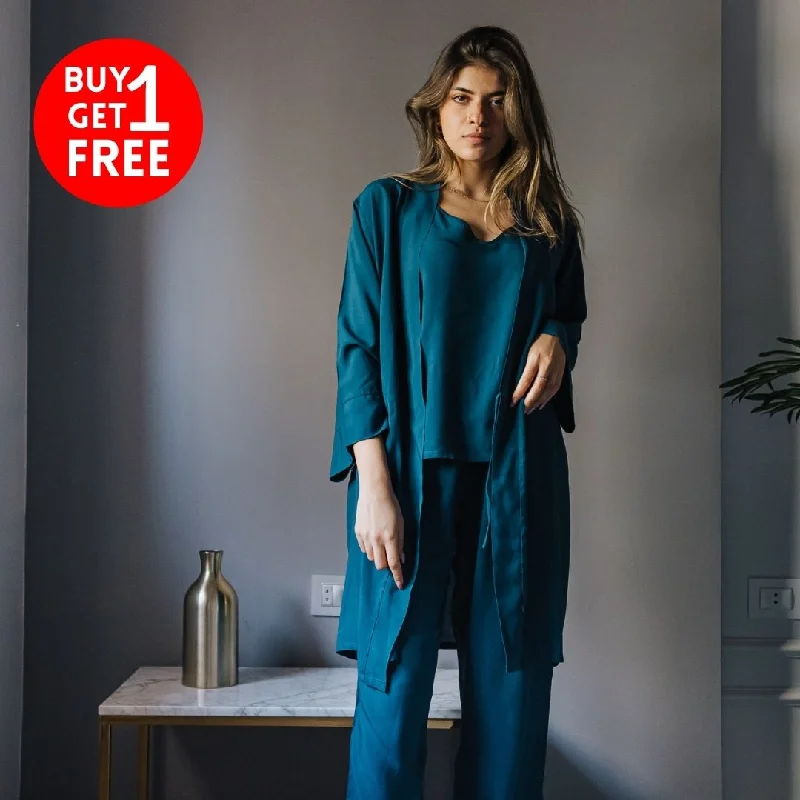 Women summer 3 piece pajama set  Petroleum Top + Petroleum kimono & Pants Fall pajama sets