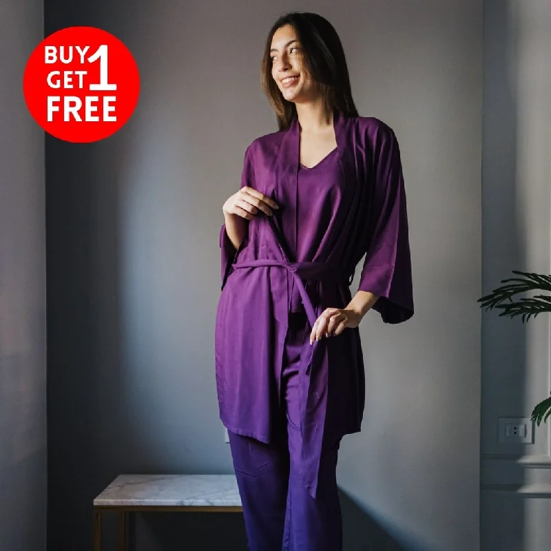 Women summer 3 piece pajama set  Purple Top + Purple kimono & Pants Breathable pajama sets