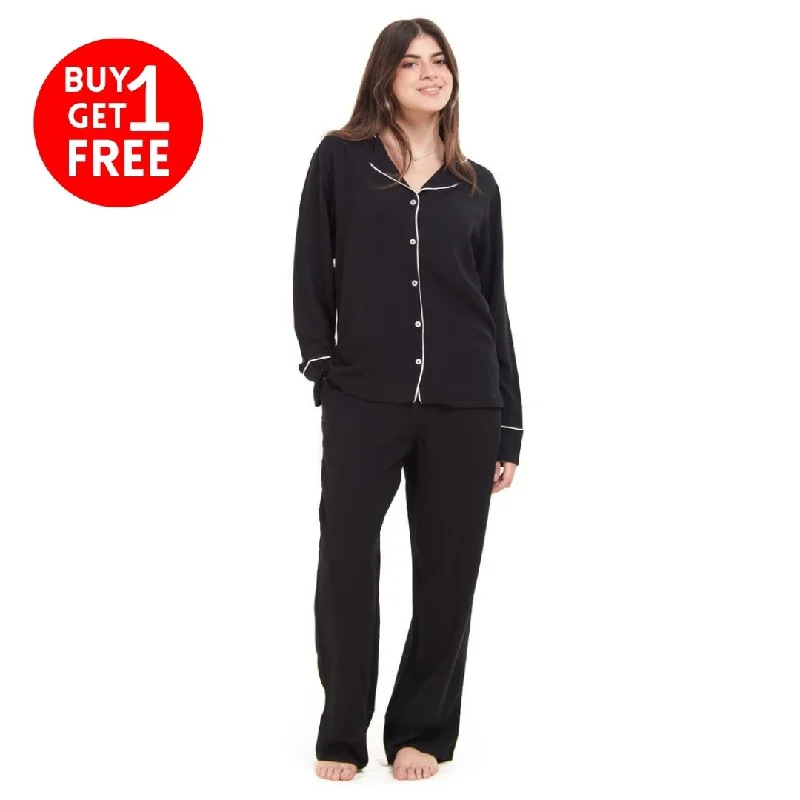 Women summer pajama set Black buttoned shirt + Pants Warm pajama sets