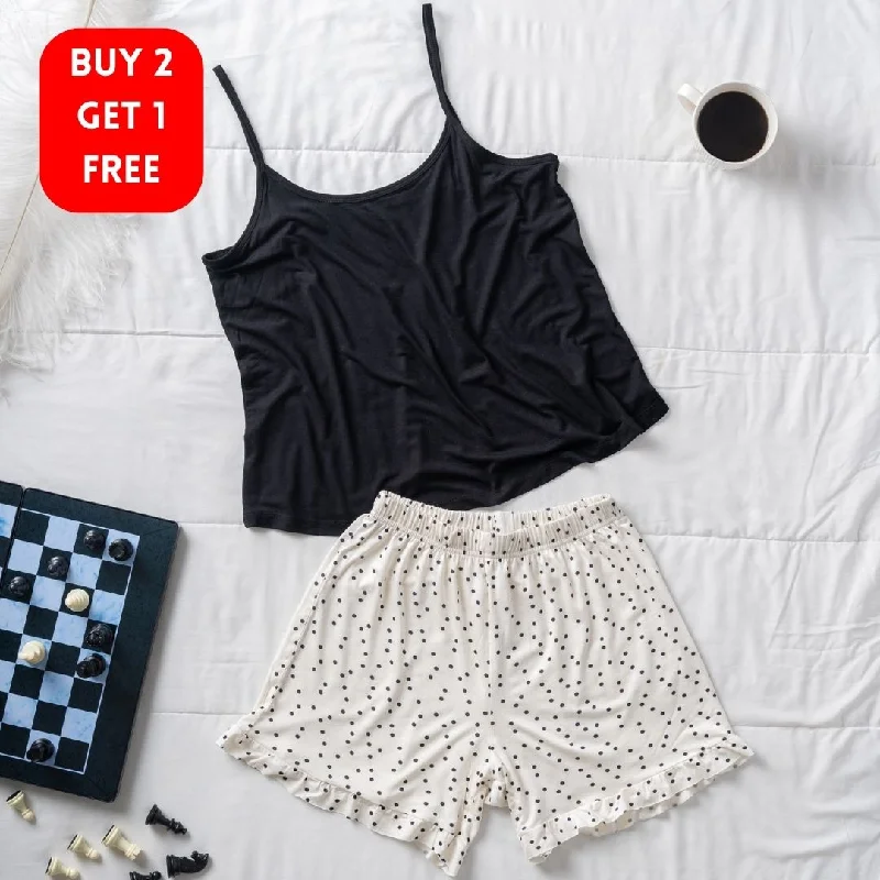 Women summer pajama set Black top + Polka Dots ruffles shorts Three-piece pajama sets