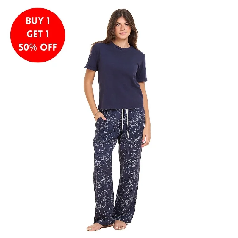 Women summer pajama set Dark blue Tee + Magnolia Floral Pants Bridal pajama sets