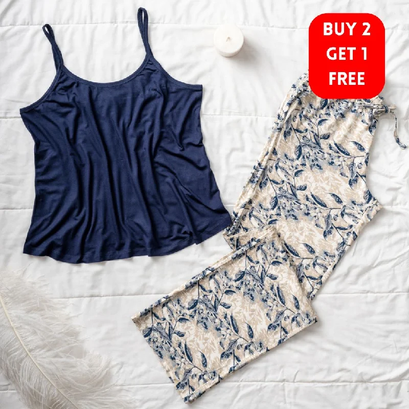 Women summer pajama set Dark blue Top+ Dark Blue Leaves pants Shorts pajama sets