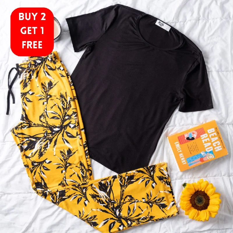 Women summer pajama set Black top + leaves Pattern pants Sexy pajama sets