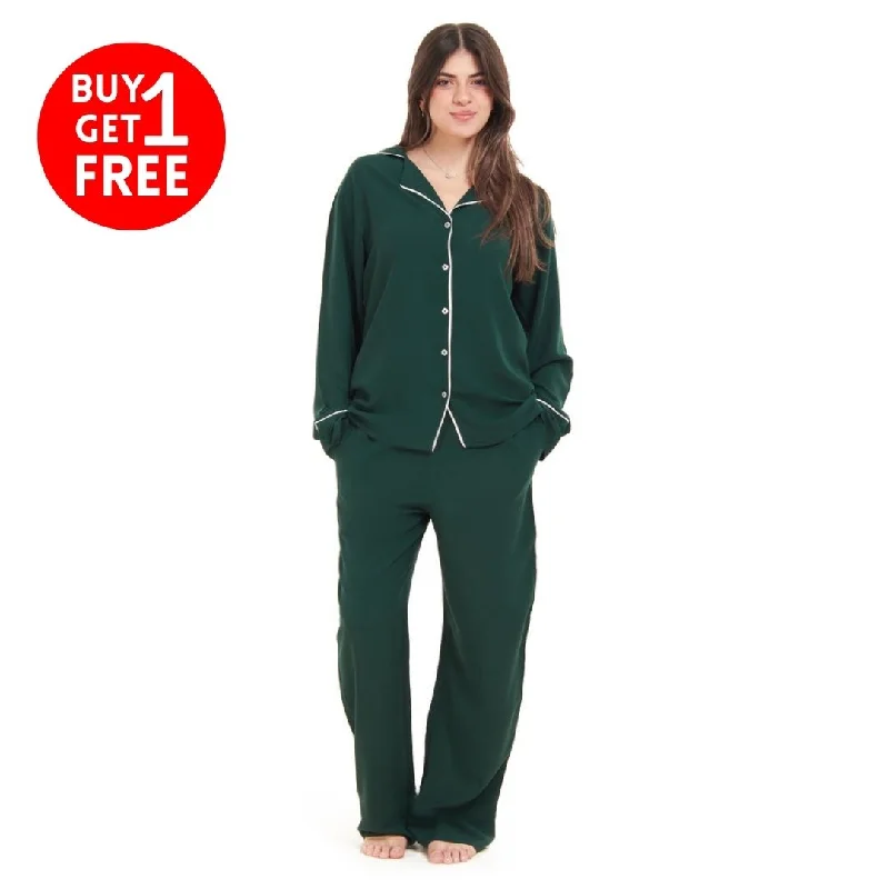 Women summer pajama set Dark green buttoned shirt + Pants Thermal pajama sets