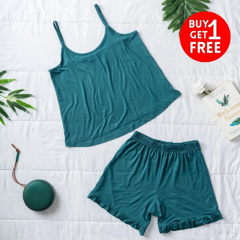 Women summer pajama set Dark Green top + Dark Green ruffles shorts Velvet pajama sets