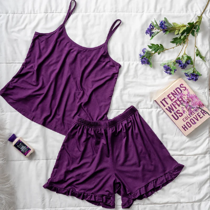 Women summer pajama set Dark Purple top + Dark Purple ruffles shorts Polyester pajama sets