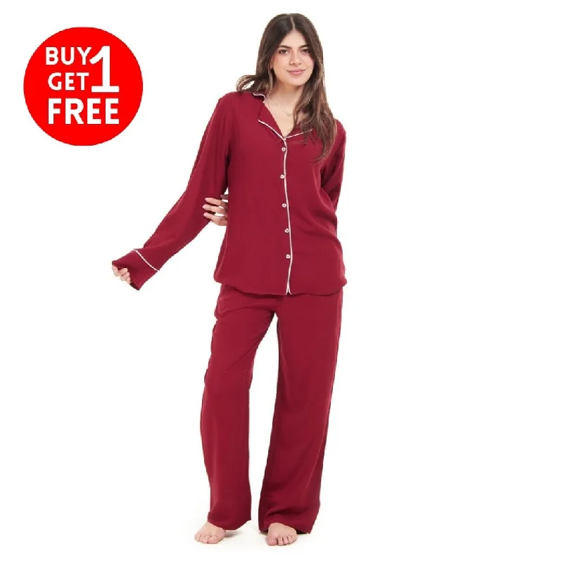 Women summer pajama set Dark red buttoned shirt + Pants Cozy pajama sets