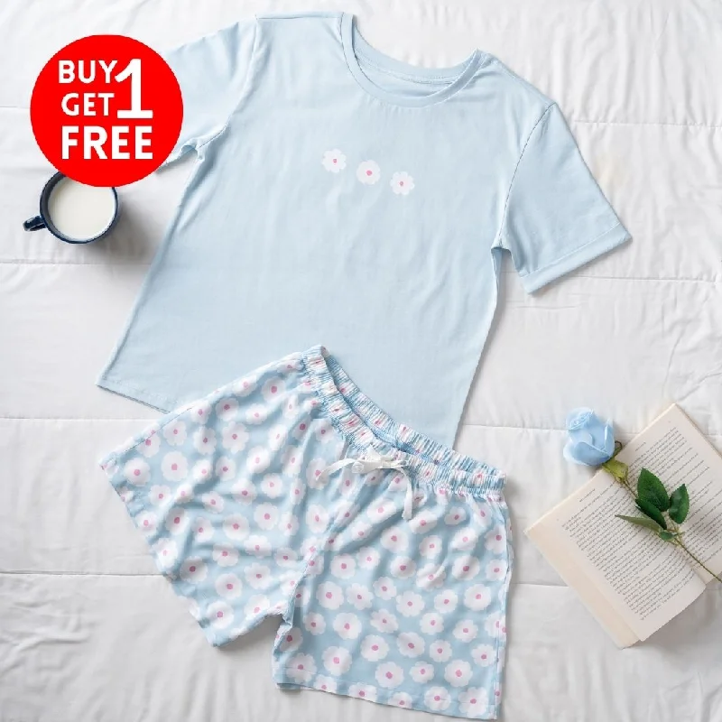 Women summer pajama set Light blue Tee + Baby blue Floral shorts Work-from-home pajama sets