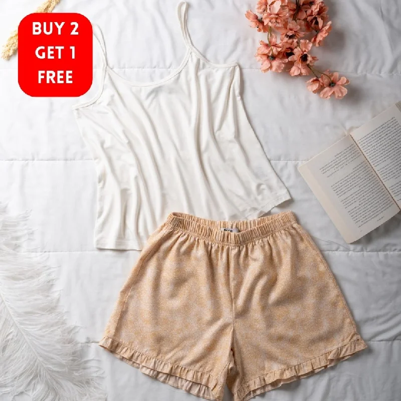 Women summer pajama set Off White top + Golden floral Outlines shorts Boho pajama sets