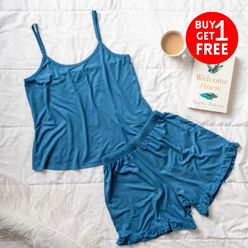 Women summer pajama set Petroleum top +Petroleum ruffles shorts Two-piece pajama sets