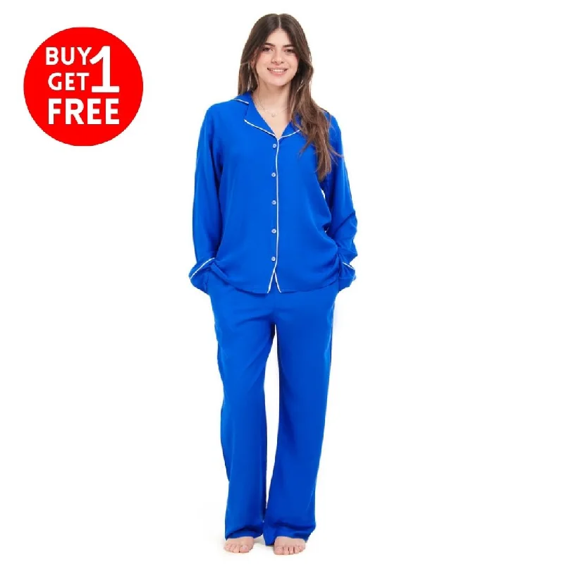 Women summer pajama set Royal Blue buttoned shirt + Pants Summer pajama sets