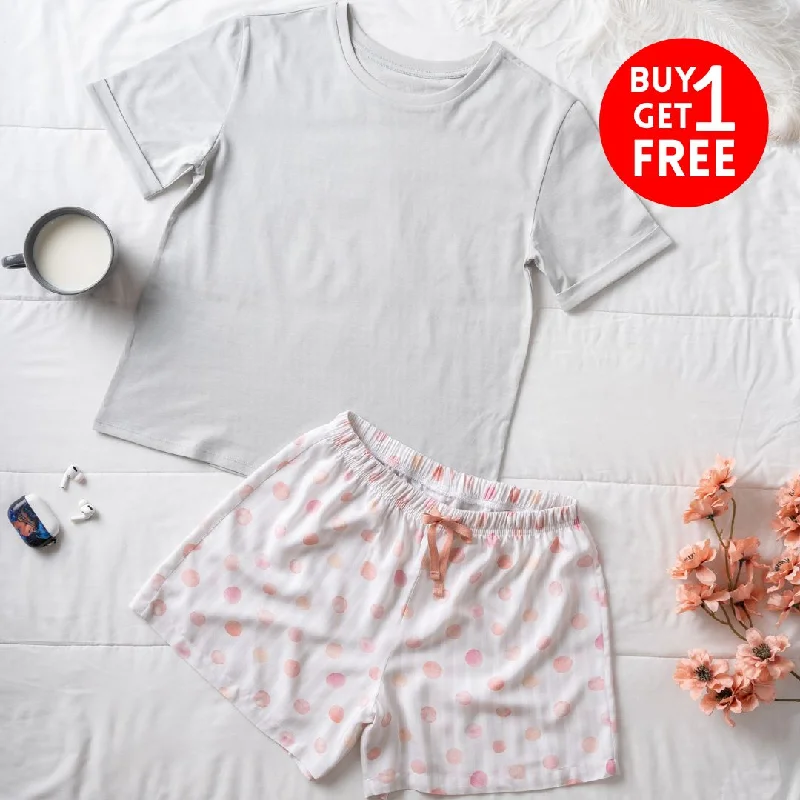 Women summer pajama set Silver Grey Tee + Watercolor Bubbles shorts Party pajama sets