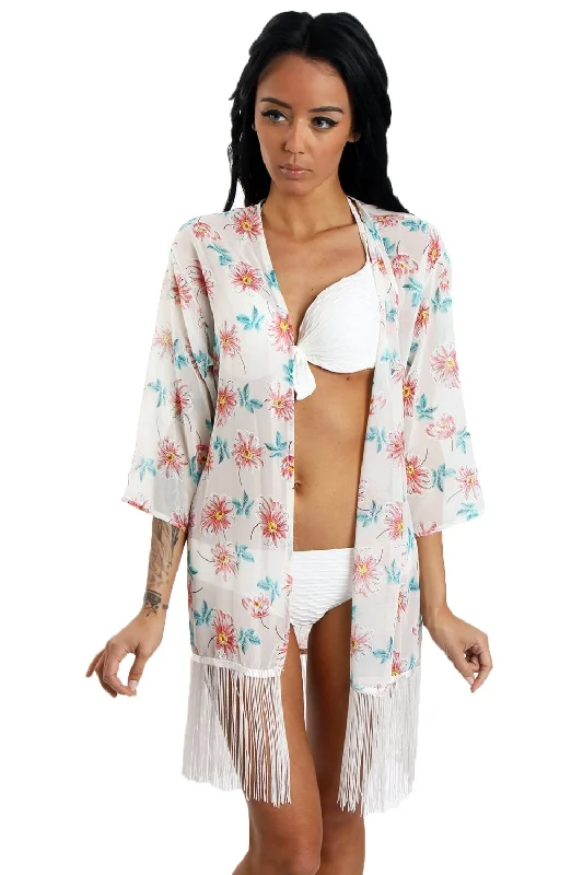 Floral Print Fringed Kimono Satin Wrap Robe