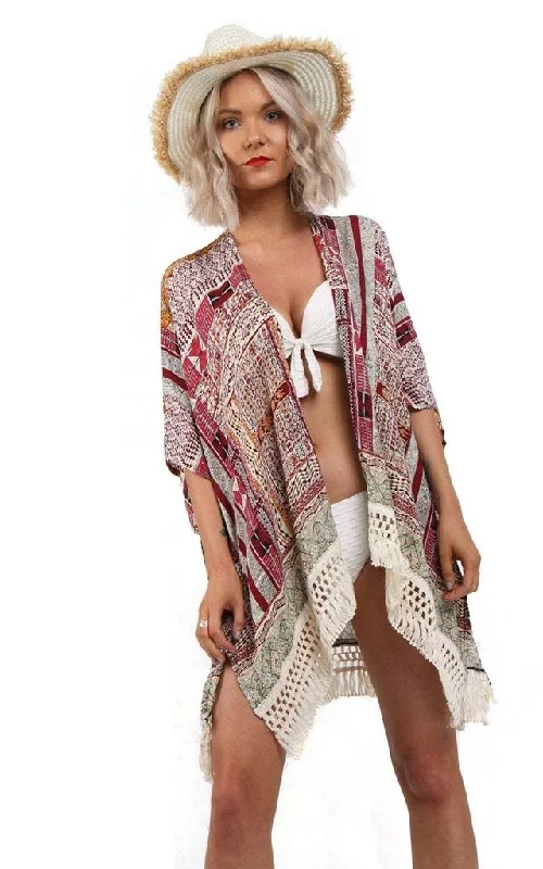 Geometric Print Tassel Trim Kimono Glamorous Robe Set