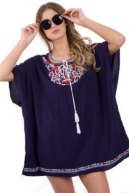 Floral Embroidered Loose Kaftan Top With Tie Front Satin Lace Robe