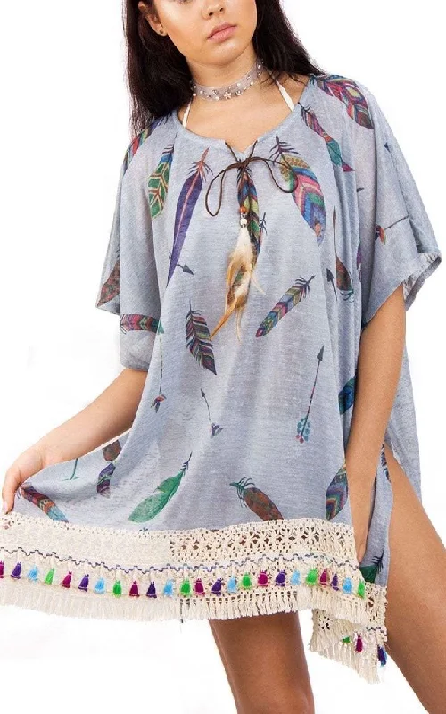 Feather Print Lace Tassel Trim Kaftan Top Floral Satin Robe