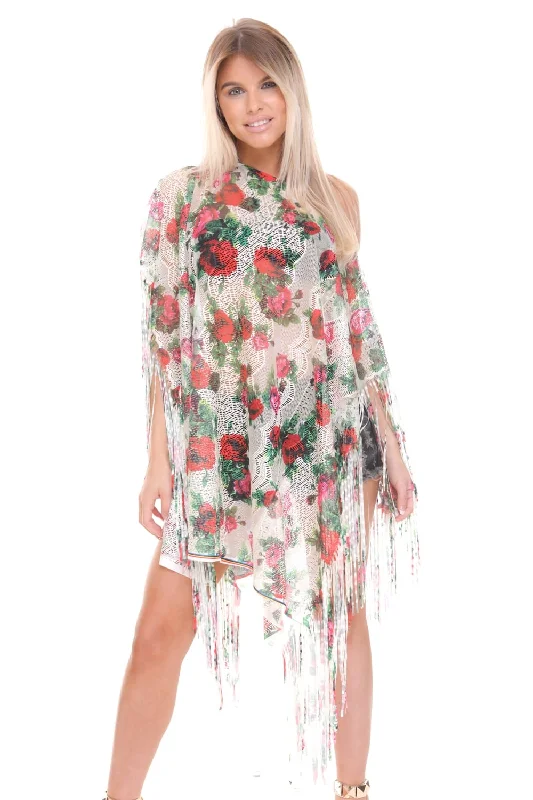 Floral Print Sheer Tassel Trim Holiday Kaftan Top Cozy Lace Robe