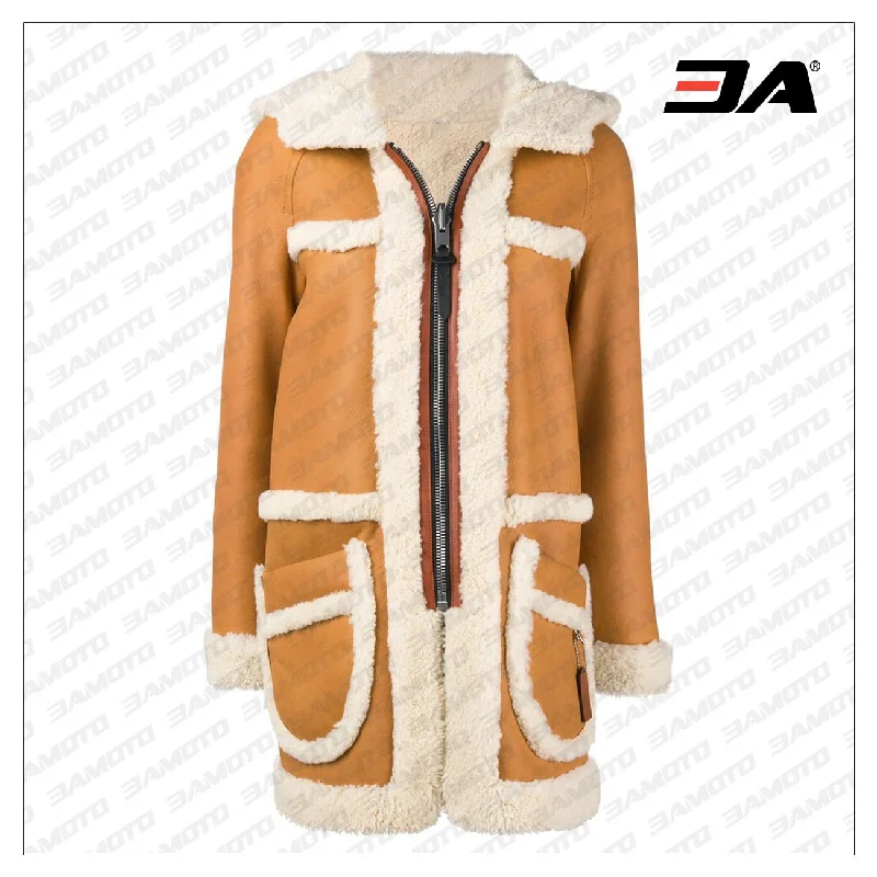 Brown & Beige Lambskin Fur Shearling Coat Women's hooded jackets