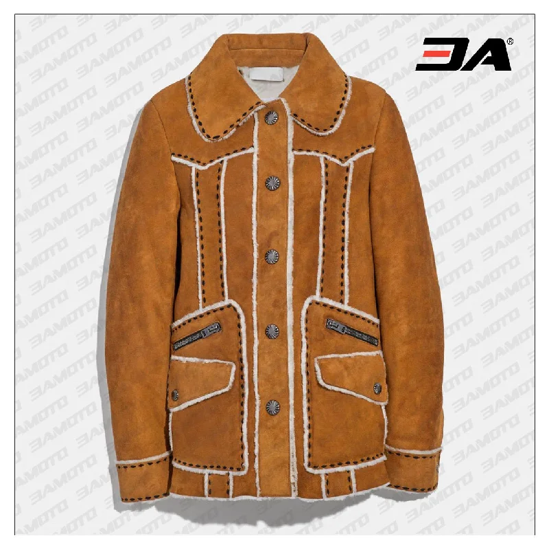 Brown Suede Leather Shearling Coat Women's weekend jackets