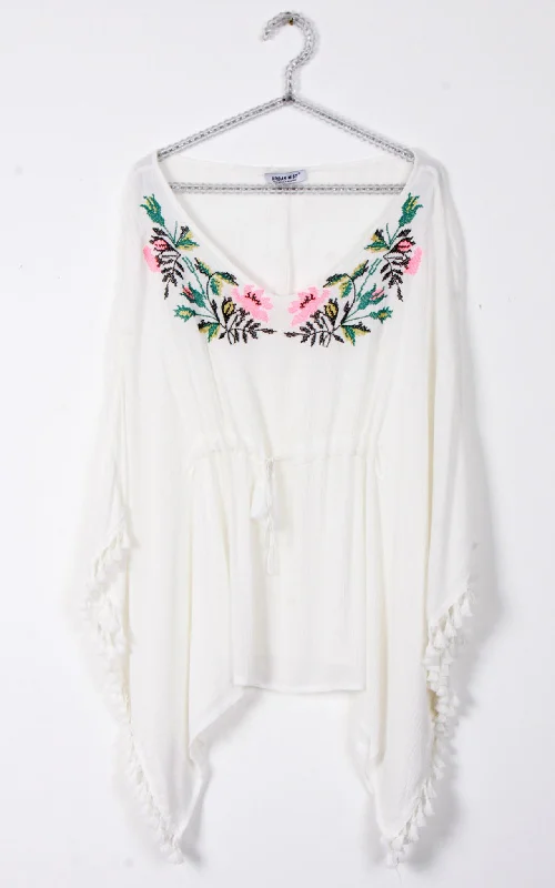 Floral Embroidery Belt Tassel Trim Kaftan Top Satin Lace Set