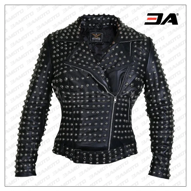 Women Black Brando Belted Round Cap Studded Leather Jacket Women's cycling jackets