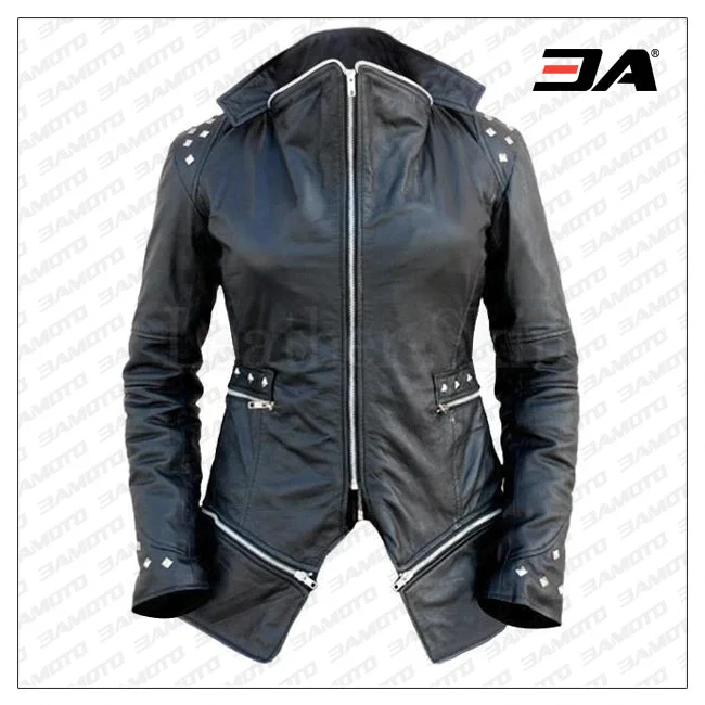 Women Black Leather Jacket With Spiked On Shoulder Women's softshell jackets