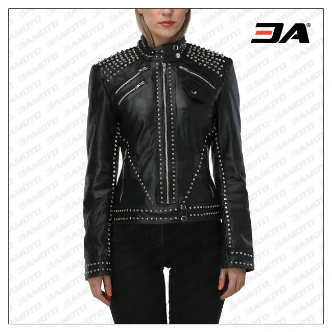 Women Black Studded Leather Jacket Women's discounted jackets