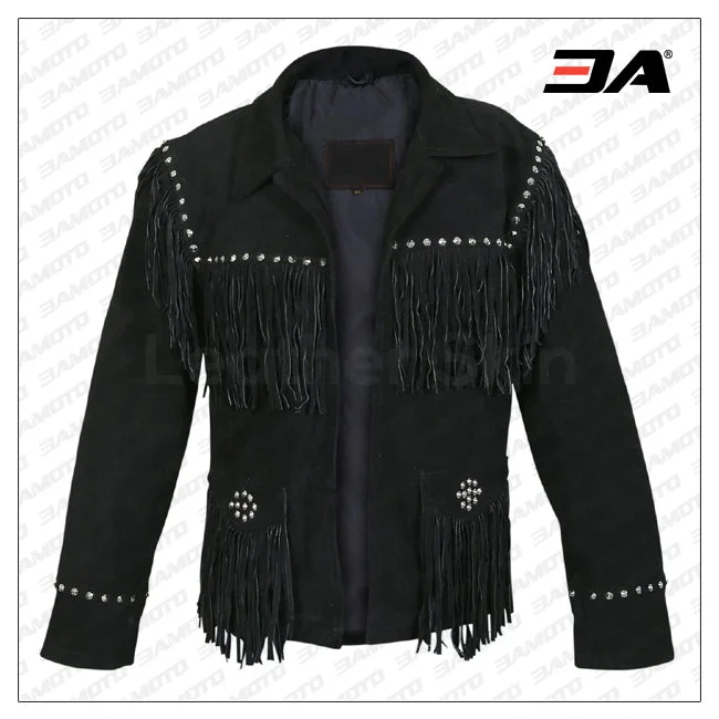 Women Black Western Fringes Cone Spike Studs Suede Leather Jacket Women's suede jackets