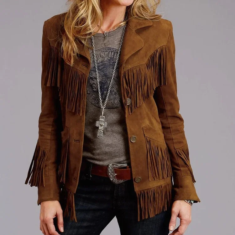 Women Brown Suede Leather Fringe Jacket Women's reversible jackets