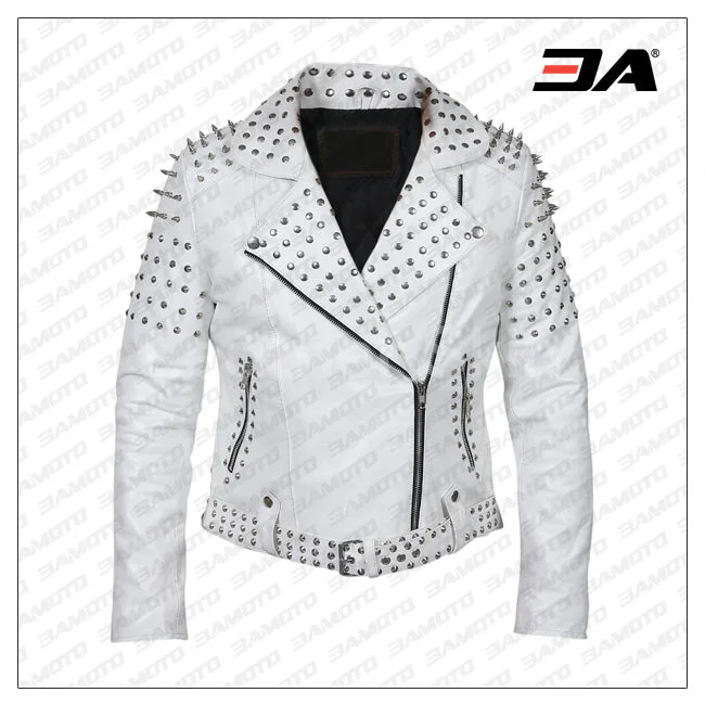 Women White Leather Jacket With Cone Tree Spikes Women's designer jackets