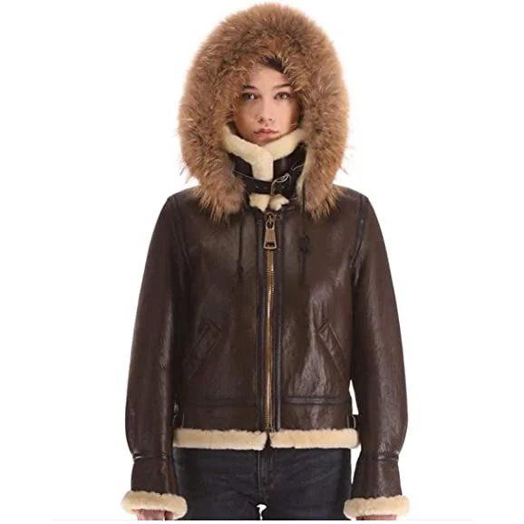 Women's B3 Real Shearling Sheepskin Fur Bomber Leather Flying Aviator Jacket Women's casual jackets