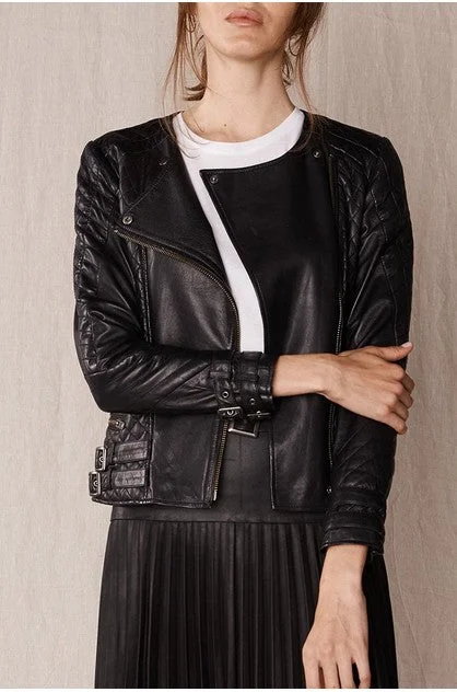 Women’s Black Leather Biker Jacket Crew Neck Women's short jackets