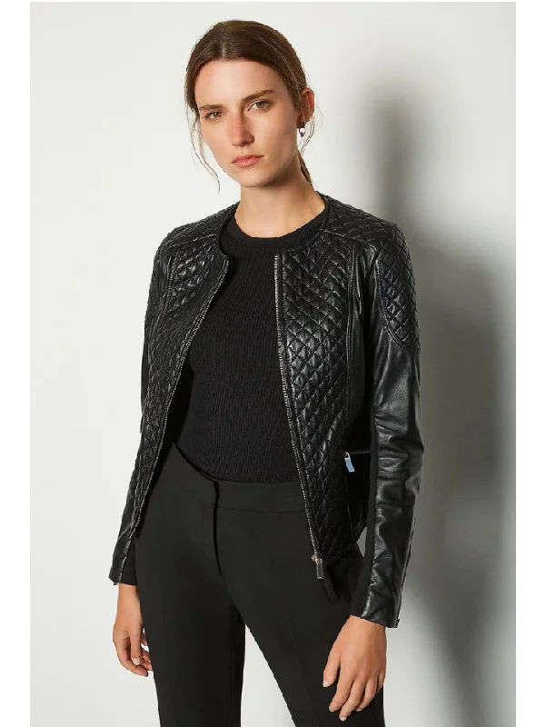 WOMEN’S BLACK LEATHER BIKER JACKET CREW NECK Women's versatile jackets