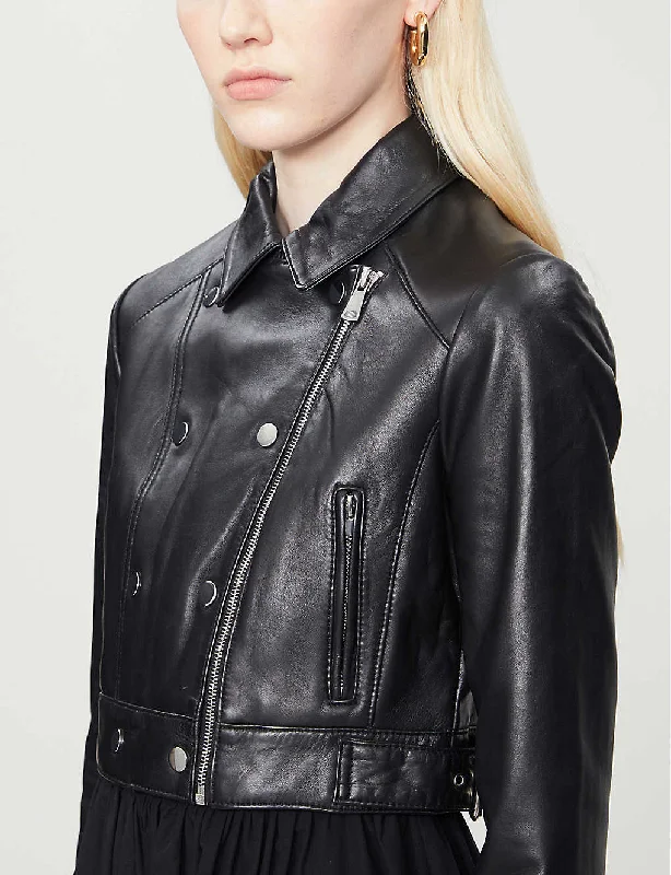 Women’s Black Leather Cropped Biker Jacket Women's best value jackets