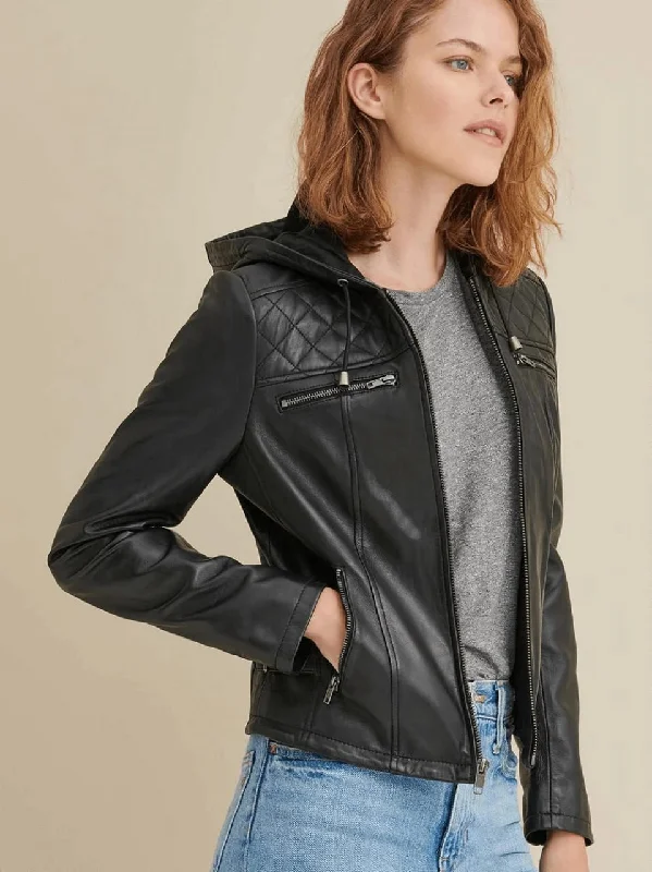 Women’s Black Leather Hooded Biker Jacket Women's budget jackets