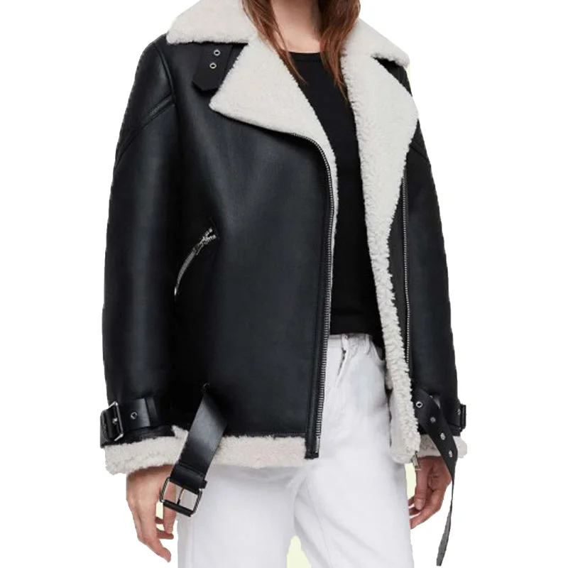 Women's Black Leather Shearling Biker Jacket Women's quilted jackets