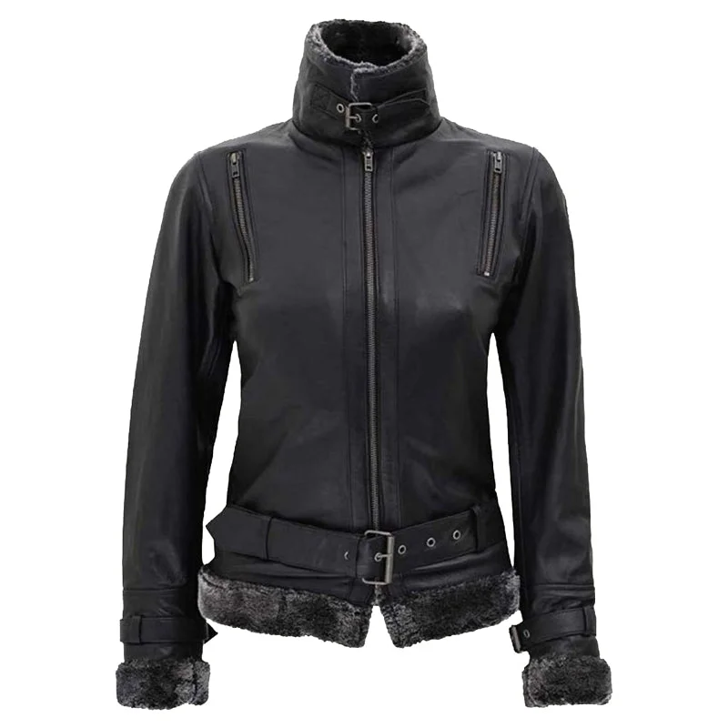 Women's Black Leather Shearling Jacket With Belted Closure Women's leather jackets