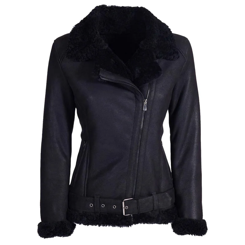 Womens Black Shearling Leather Jacket Women's denim jackets