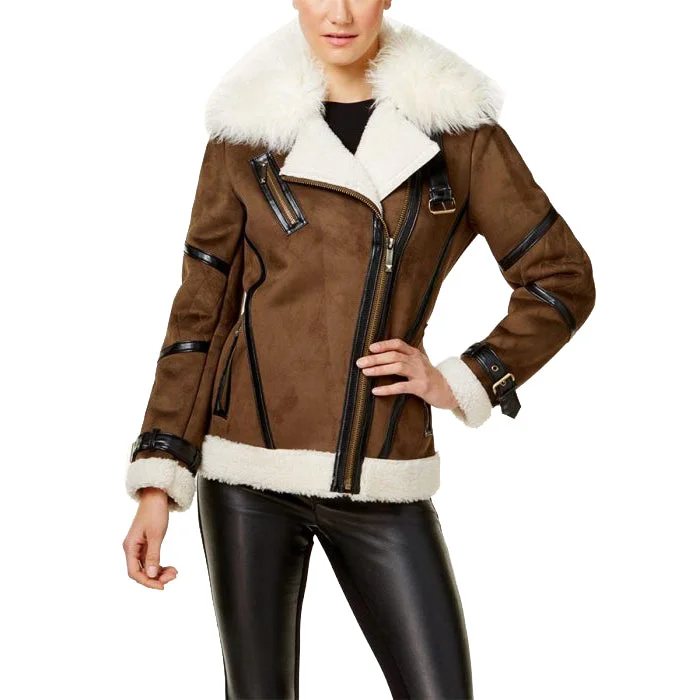 Womens Brown Bomber Asymmetrical Shearling Leather Jacket Women's cotton jackets