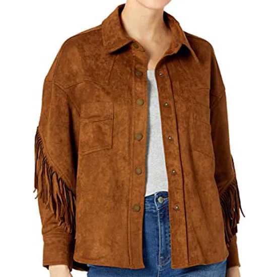 Women's Etta Button Front Collared Jacket with Fringe Sleeves Women's affordable jackets