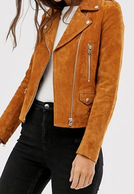 Women’s Genuine Tan Brown Suede Leather Biker Jacket Women's commuter jackets