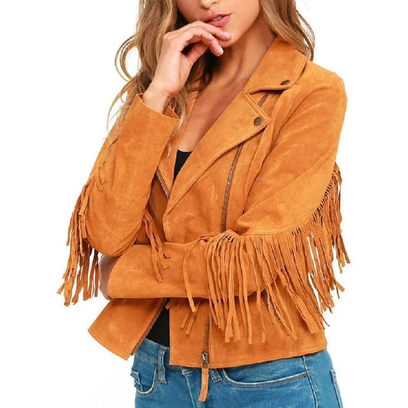 Women's Pure Brown Genuine Suede Leather Fringed Jacket Women's wedding guest jackets