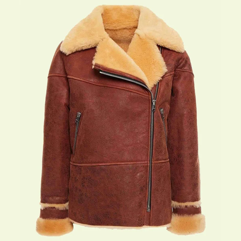 Women's Shearling Distressed Brown Leather Jacket Women's warm jackets