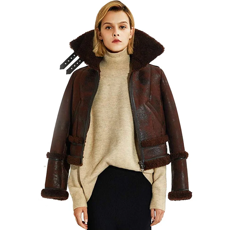 Womens Shearling Moto Jacket Brown Women's trendy jackets